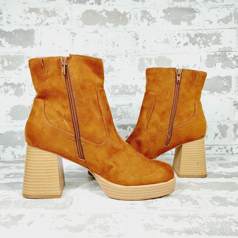 New BP Keyla Chunky Heeled Brown Suede Square Toe Ankle Boots F186 - Picture 3 of 11